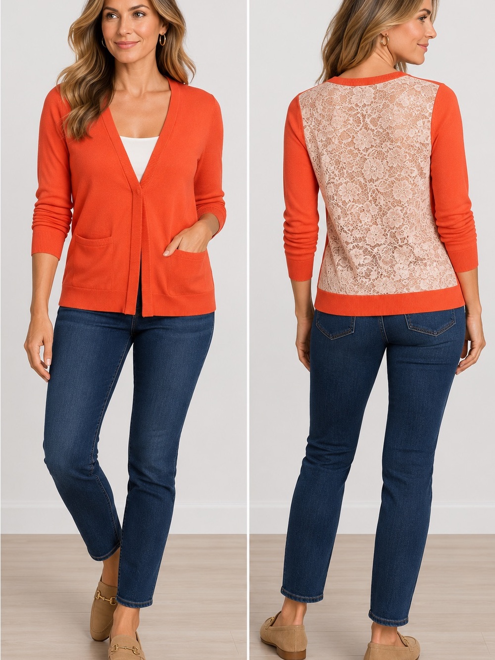 Ann Taylor Petite XSP Orange Lace Back Cardigan Sweater V Neck Pockets